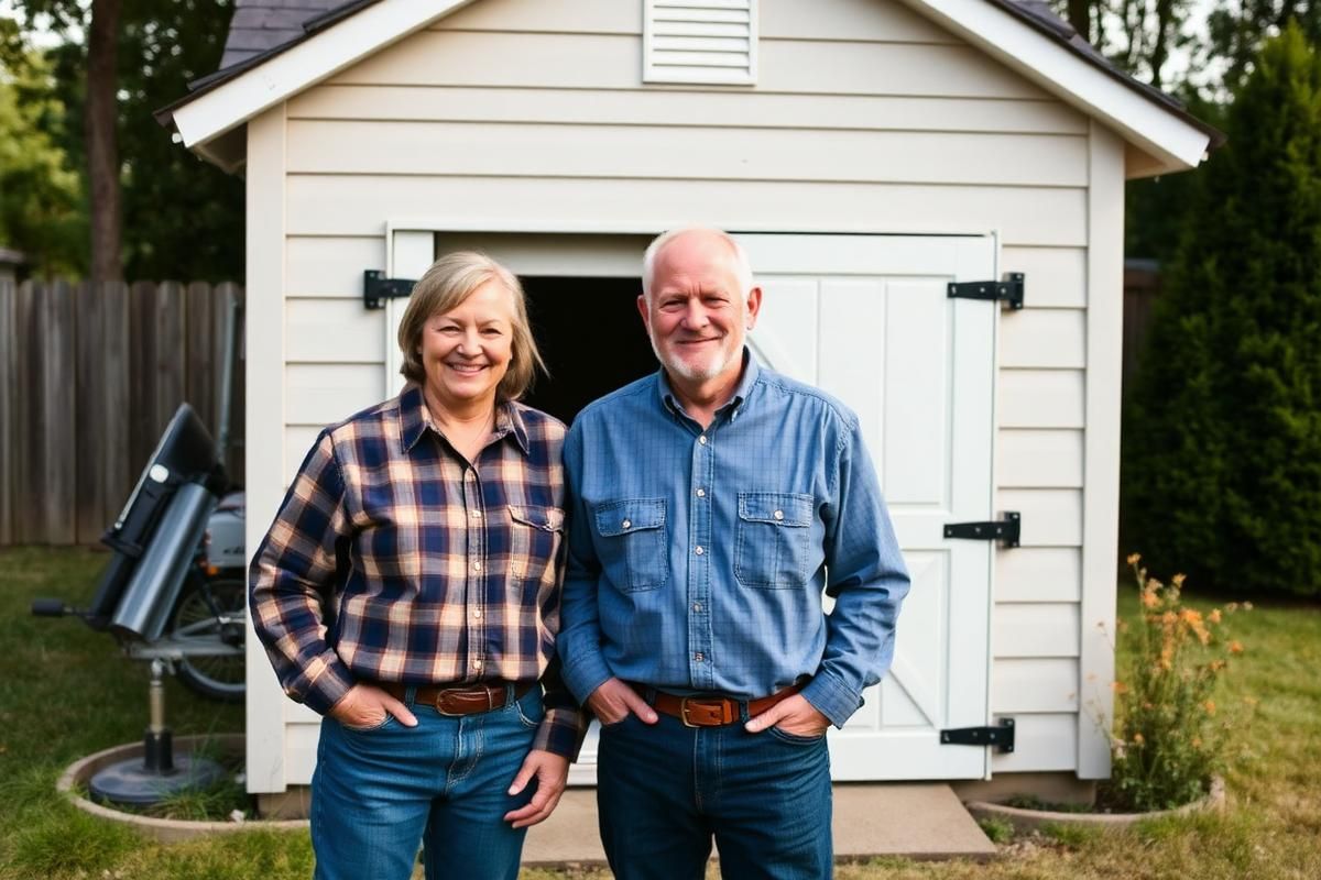 Kentucky homeowners standing in front of their newly built backyard storage shed